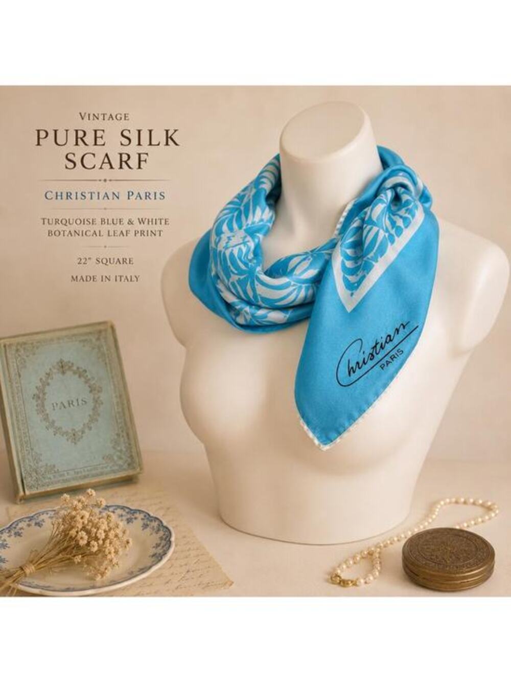 Christian Paris Vintage Pure Silk Scarf 1960’s Turquoise Blue White 22” Italy